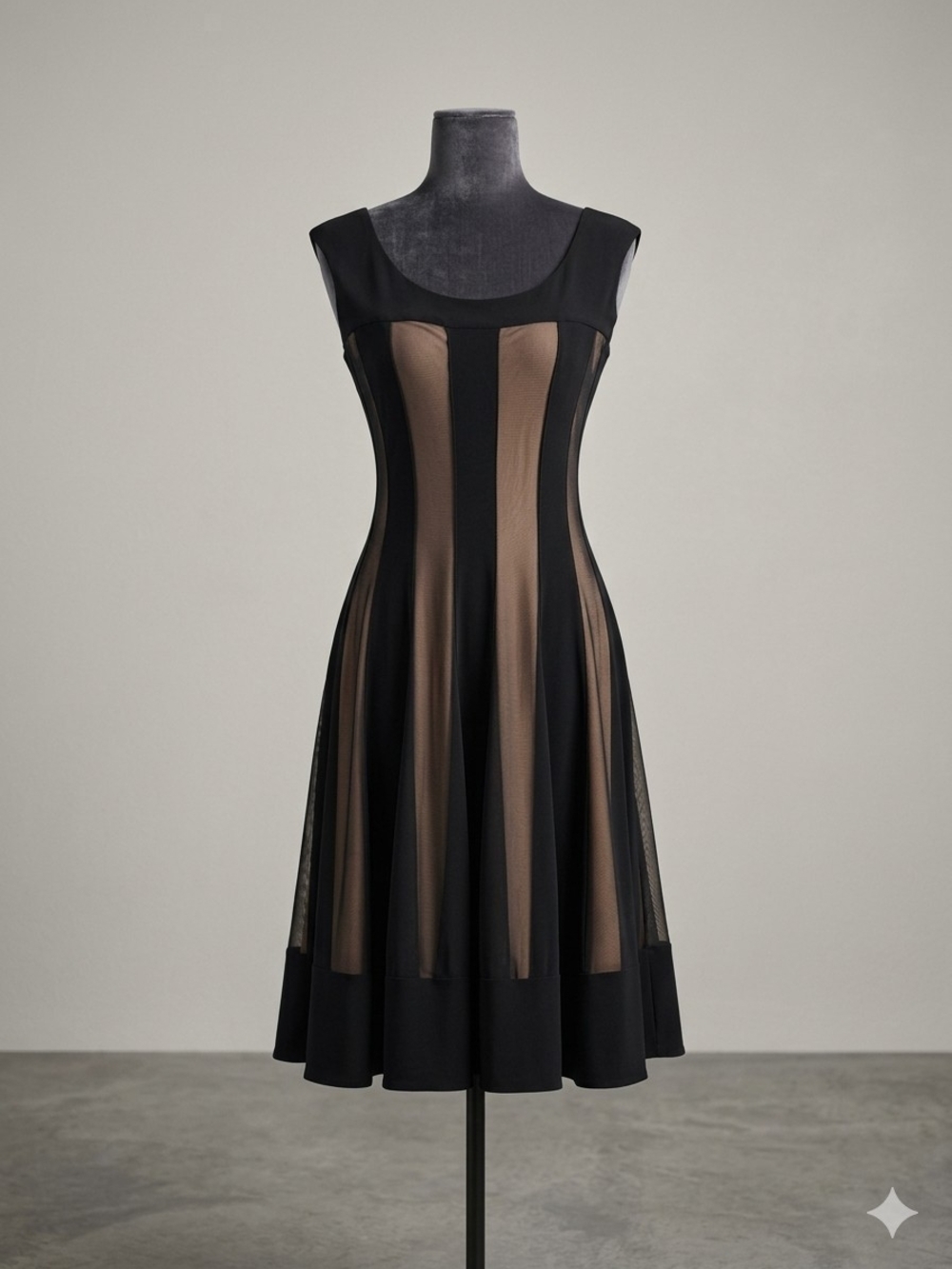 Joseph Ribkoff Black and Taupe Paneled Fit-and-Flare Midi Dress - Picture 1 of 6